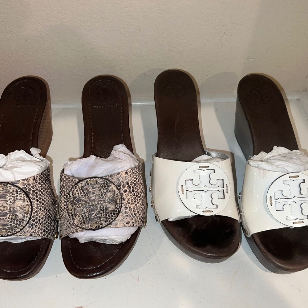 Tory Burch Patti wedge 2 for one size 11  brown/grey snake  & white patent